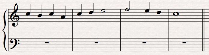 First, a melody is written in the soprano voice. Write a simple tune that has few leaps and is mostly stepwise. 2. Now the bass notes are added.