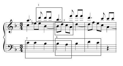 the heterophony is a long transition that uses variations of motives 1, 2, 5, and 6 (Example 7). Here, the iterations of motives 1 and 5 vary only slightly from their original forms.