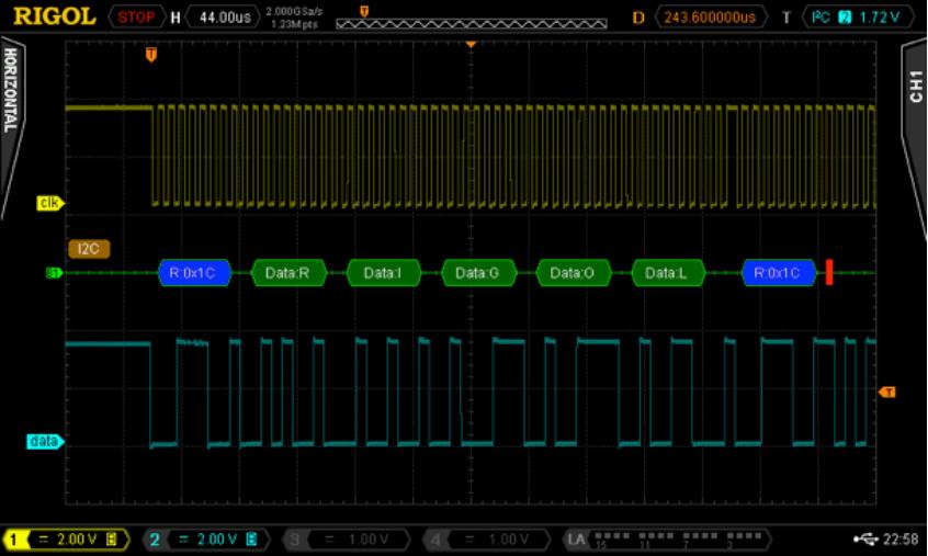 Figure 12: I2C clock and data with reduced using bandwidth limit on a Rigol MSO4034Z Oscilloscope measurements to provide an average that results in less noise.