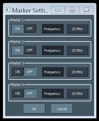 Example Measurement of a Low Pass Filter For a better inspection of the frequency responses, several markers are available under the set marker menu. Four markers can be activated via a pop-up window.