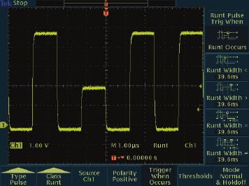 Debug Threshold Problems Digital designers must quickly find and analyze bus contention and other threshold problems. The runt pulse trigger is useful to troubleshoot such situations.