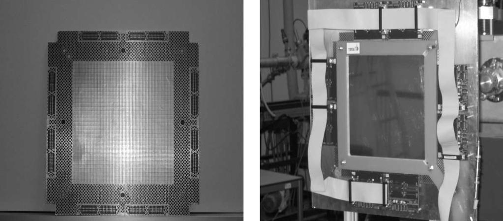 Figure 2: The top side of the anode with the 1024 pixels (left). The MATRIX chamber fully assembled. The fibreglass frame and the eight electronic boards for the read-out are visible (right).