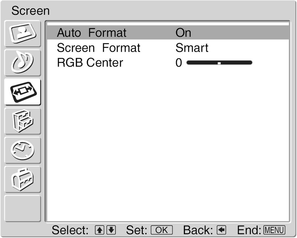 Izbornik Screen U Screen Control izborniku možete odabrati dolje opisane opcije. Za odabir opcija pogledajte "Kretanje kroz izbornike" (stranica 16).