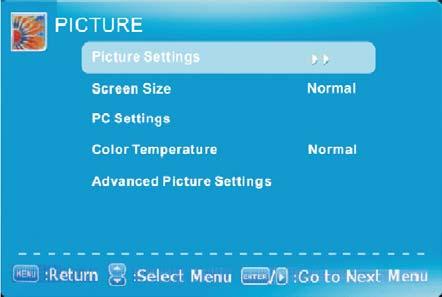 PICTURE This option allows users to adjust the TV s picture sharpness, color, tint, and other various functions. 1. Press MENU to open the OSD. 2.