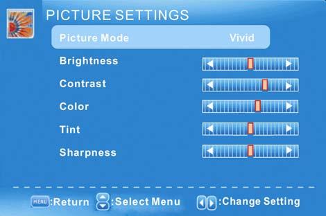 PICTURE MODE This feature changes various color for the TV. ii. BRIGHTNESS This feature changes the picture s detail in dark colors. iii.