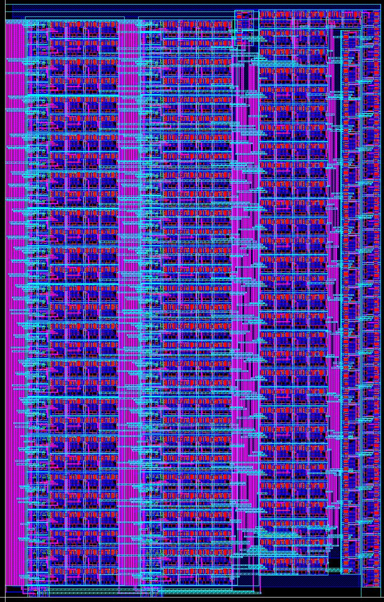 Figure 40 12-bit wallace tree schematic Figure 41 12-bit wallace tree layout Final Layout The final layout connects the output of the 12-bit wallace tree multiplier to the 24-bit register.