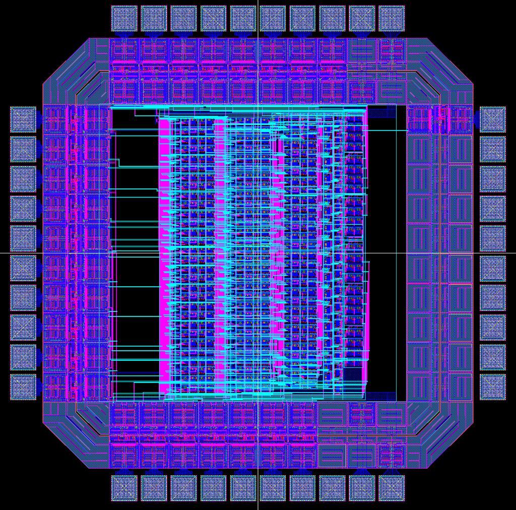 Figure 42 Layout of final, 100% completed chip Simulation Chip The simulation chip is the same layout as the final layout above, except the pin pads were removed to allow the layout to be extracted,