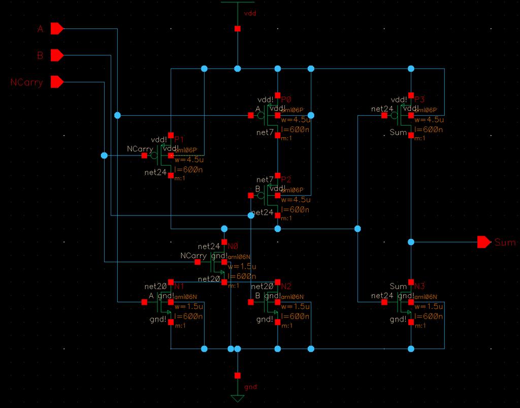 The outputs are Sum and Cout. The circuit was designed using static CMOS logic, and resulted in a total area of 31.2um x 27.6um.
