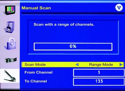 3. If the or button is pressed first, then the Range Mode is activated so that you can specify a smaller range of channels to be scanned again.