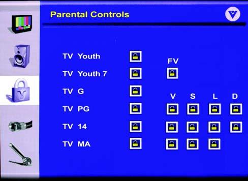 4.8 Parental Controls When the MENU button is pressed, the On Screen Display (OSD) appears on the Video Settings page. Press the button to change to the Parental Controls page.