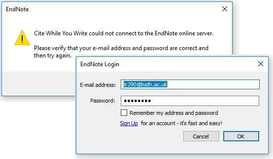 Top tips Not connected to EndNote whilst trying to Cite While You Write? Got this error message? Check you have entered your username and password for Endnote online correctly.