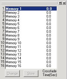 6. MEMORY VIEW The memory view is located at the upper left of the main screen. It shows the preset memory names, the crossfade time, and the preset memory numbers being currently selected.