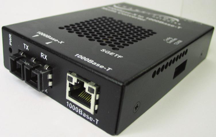 The SGETF10xx-1xx is a stand-alone media converter Part Number Port One - Copper Port Two - Duplex Fiber-Optic SGETF1013-110 RJ-45 1000Base-T SC, 1000Base-SX, 850 nm multimode 220 m (721 ft)* (62.