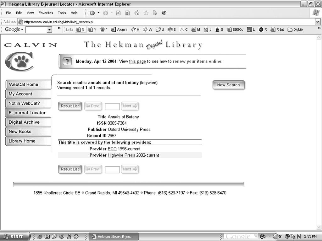 Figure 2 WebCat displays each e-journal as one record, with