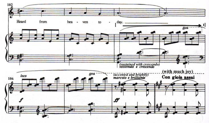 pianist takes the lead with a solo part of his own while observing sostenuto e crescendo (sustained with crescendo). After the solo section, the singer delivers a ff dynamic from measure 112.