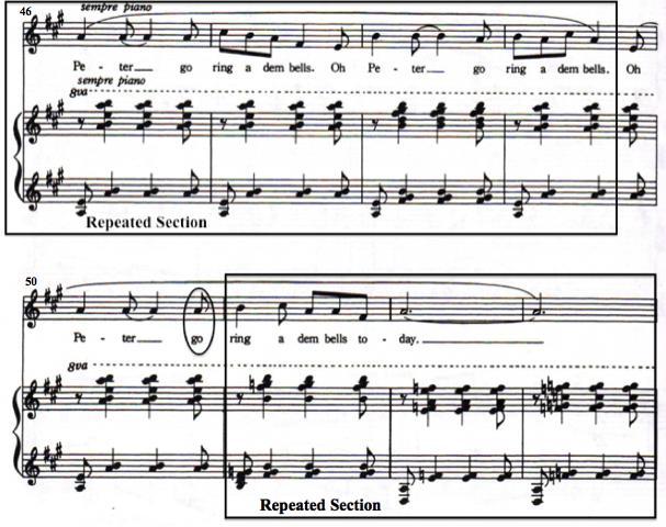 A repetition occurs again in measures 46-49 and in measures 55-58. The melody is the same in measures 51-53 and measures 61-64 but the lyrics are different.