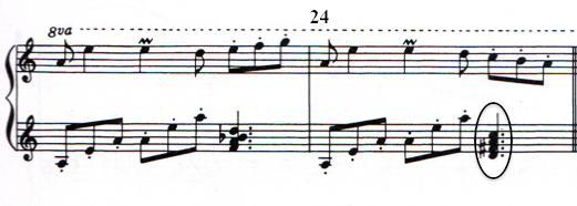 The Dorian mode is indicated by the raised 6th (F#) in measures 21-22, 24, 27, 29-30, 32, and 35.