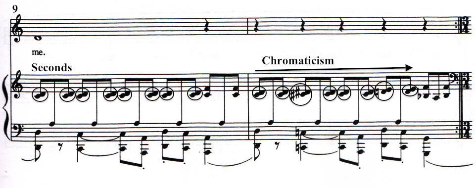 In the piano part, the left hand has a tonal center of D, whereas the