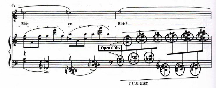 Before the climax, open fifths are used as well as parallelism in measures 50-51.
