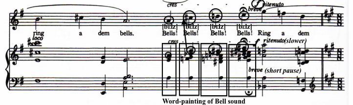 Example 70 Movement II: measure 1, word painting and pronunciation of Bells from John Carter s Cantata, Copyright 1964 by Southern Music Publishing Co. Inc.