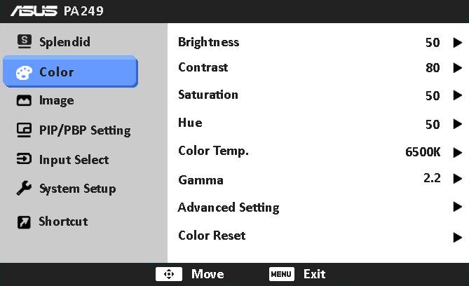 2. Color Function Standard Mode srgb Mode Adobe RGB Mode Scenery Mode Theater Mode User Mode 1/ User Mode 2 Brightness Yes Yes Yes Yes Yes Yes Contrast Yes No No Yes Yes Yes Saturation No No No Yes