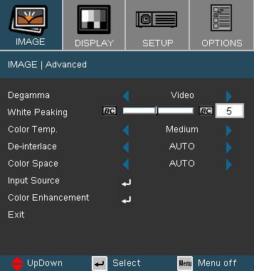 User Controls Image Advanced Note Remark (*): It only support when source is composite, S-video, and 480i/576i via component.