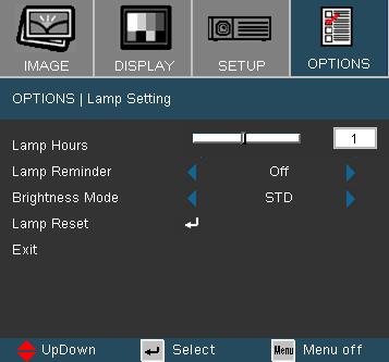 User Controls Options Lamp Settings Lamp Hours Display the projection time. Lamp Reminder Choose this function to show or to hide the warning message when the changing lamp message is displayed.