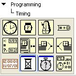 4. In the Functions Palette, select Programming>Timing>Get Date/Time in Seconds (red box) as well as Programming>Timing>Format Date/Time String (green box), drop both icons into