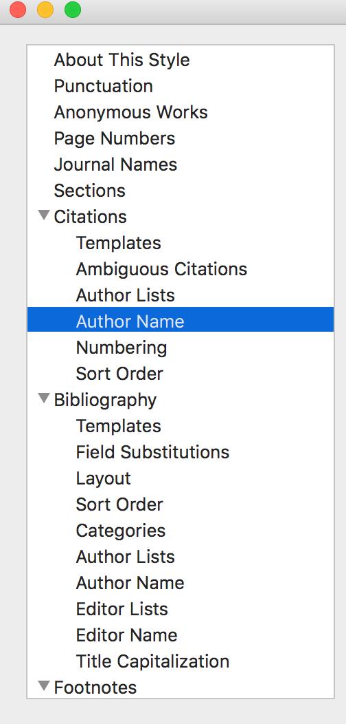 3. The window that opens contains the display settings for Citations, References and Footnotes for this style Editing In-text Citation display There are many different settings you can change,