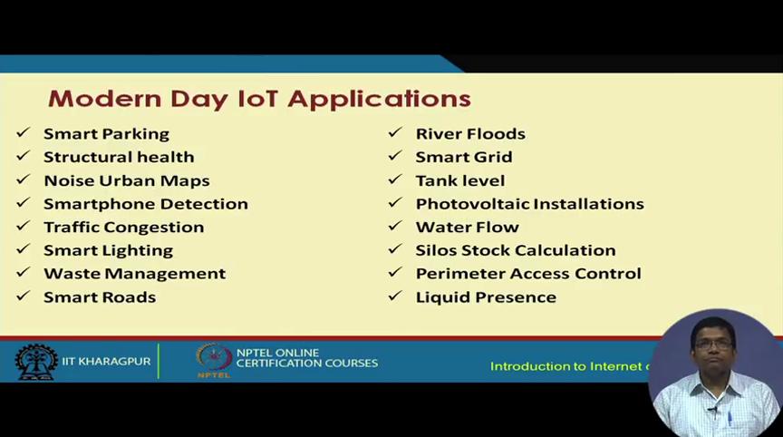 (Refer Slide Time: 27:27) So, in the modern day IoT people are talking about different applications such as smart parking, structural health monitoring noise urban maps; that means, noise maps in a
