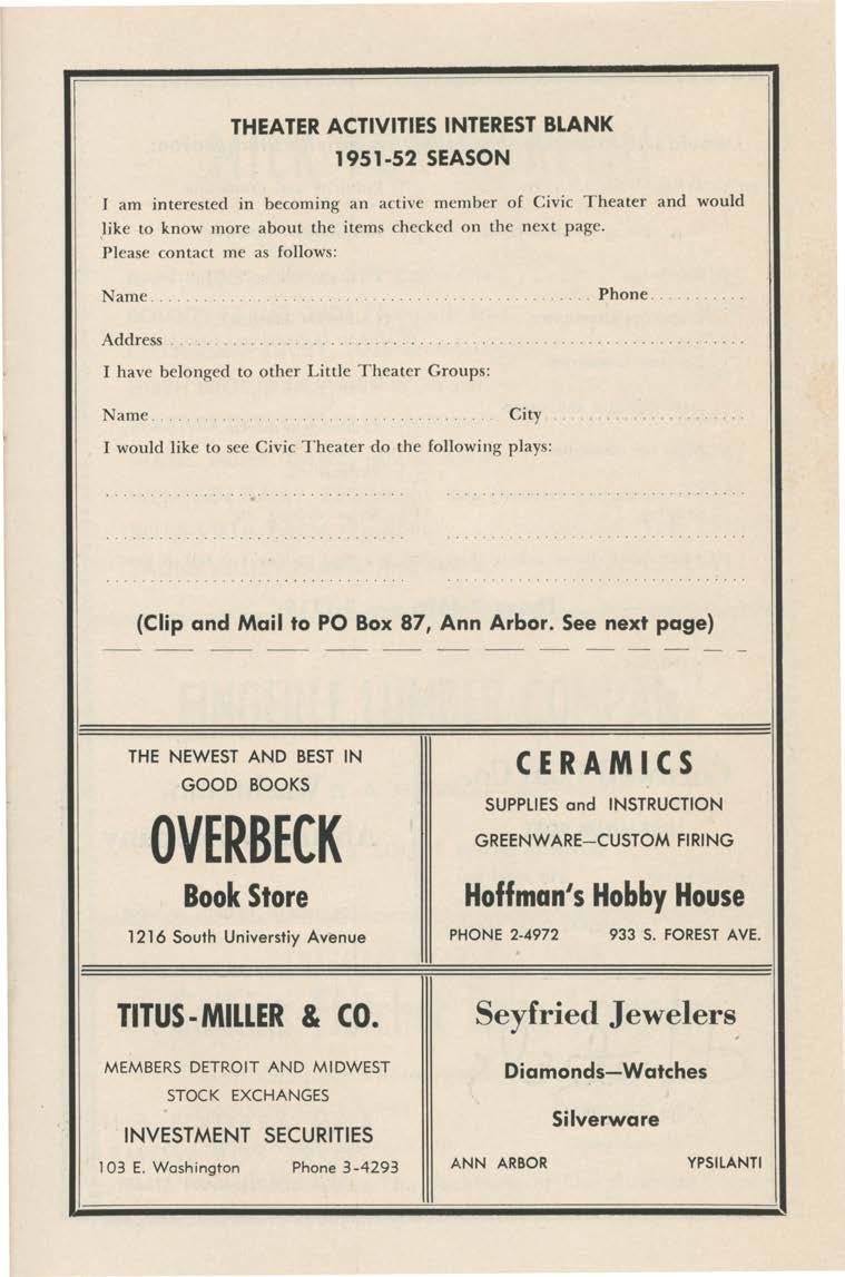 THEATER ACTIVITIES INTEREST BLANK 1951-52 SEASON I am nterested n becomng an actve member of Cvc Theater and would }ke to know more about the tems checked on the next page.