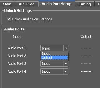 Audio Port Setup In this tab the ports can be configured. Configuration is for audio stereo signals (Left and Right).