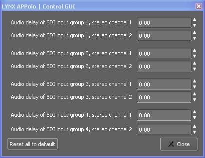 Timing Tab All manually adjustable delays for audio and video can be set in the GUI shown below. The video delay ( up to 62 frames) can be adjusted either in frames, lines and pixels or in ms.