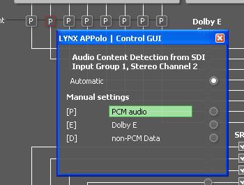 This can be seen below; the small blocks under the de-embedder indicate the audio status for each AES stream: P = PCM Audio Detected E = Dolby E Audio Detected D = Non-PCM (other than DolbyE) Blank =