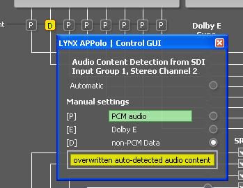 When an input is manually configured the system will indicate when a conflict exists between the configured setting and the detected audio on that channel.