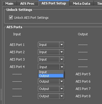 AES Port Setup In this tab the AES ports can be configured. The configuration is locked automatically when the tab is closed and the selections to configure the individual ports are greyed out.