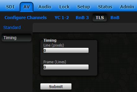 5.3.3 TLS Timing When channel 4/5 is set to TLS standard, the menu items are restricted to Standard and Timing. The Timing page is shown below.