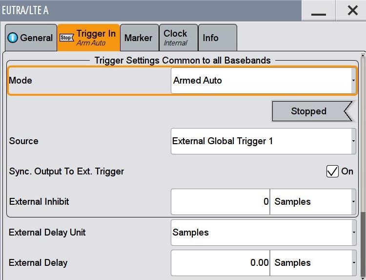 Fig. 3-4: Trigger In settings. The SMx waits for an external trigger signal to align the WCDMA signal. 3.1.