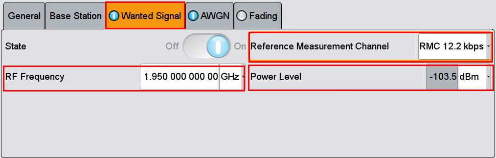 In addition the resulting Power Level is displayed. (example: RMC 12.2 kbps, 1.95 GHz) 4. Set the required BLER (example 0.01).