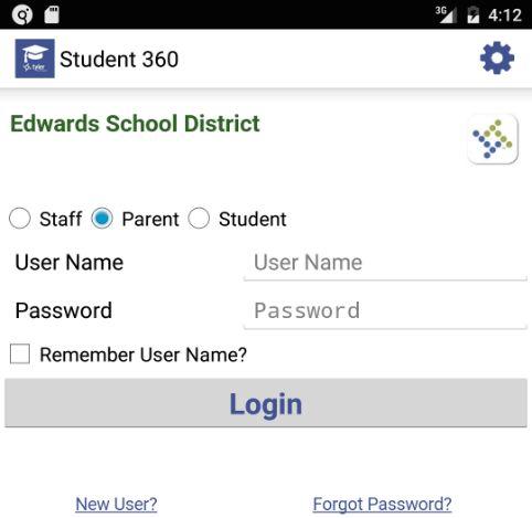 To log in, use the radio buttons (Android) or tabs (ios) to select Staff, Parent, or Student login.