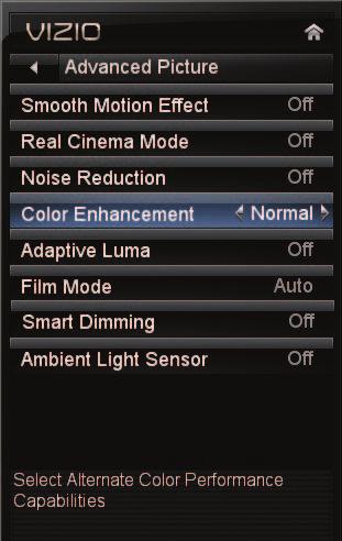 5 XVT3D650SV Light Sensor is set to OFF. See Adjusting the Advanced Picture Settings on page 16. Brightness - Adjusts the black level of the picture.
