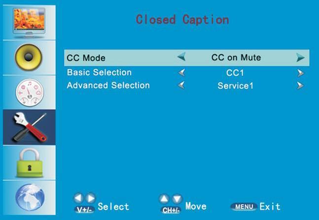 Closed Caption CC Mode Press buttons and then use buttons to show CC mode and select on/off. Basic Selection Press buttons and then use buttons to show CC1/CC2/CC3/CC4 mode.