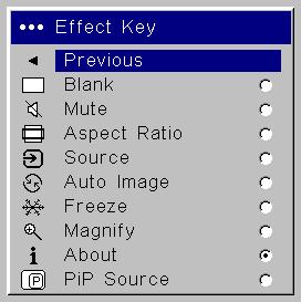Only one effect can be enabled at a time. Highlight an effect and press Select to choose a different one. Blank: shows an empty screen. Mute: turns off all sound.