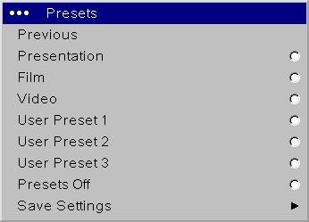 Presets: Presets are provided that optimize the projector for displaying computer presentations, film images, and video images.