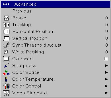 Advanced settings The following 4 options are for computer and component sources only. Advanced Phase: adjusts the horizontal phase of a computer source.