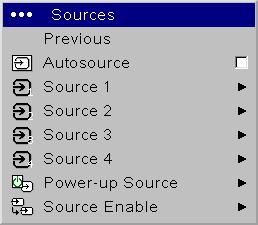 Sources>Autosource: When Autosource is not checked, the projector defaults to the source selected in Power-up Source. If no source is found, a blank screen displays.