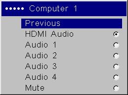 Settings menu Audio: allows adjustments to the volume. Also allows you to turn on and off the Internal speakers and assign a particular source to a specific audio input.