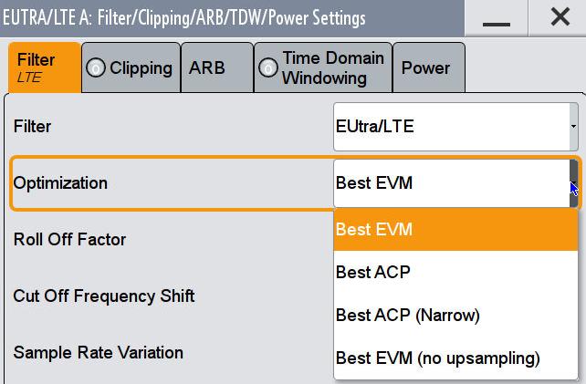 Filter settings The SMW supports different filters, see Fig. 3-24. Best ACP focusses an excellent ACP performance. Narrow additionally features a smoother shape in the frequency domain.