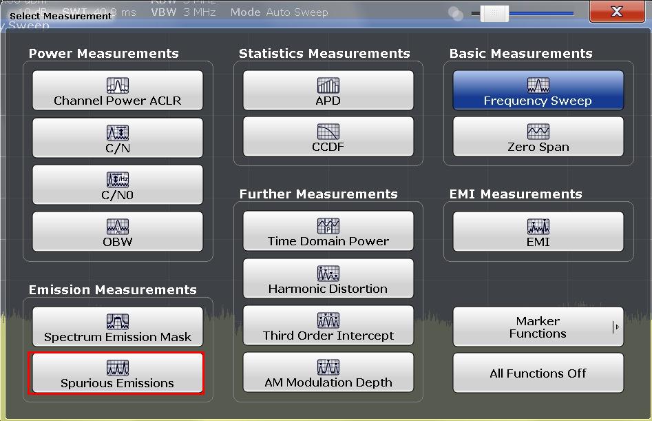 Measurement at FSx 1. Select in mode Spectrum, via button MEAS "Spurious Emissions". 2. In Sweep List, delete the ranges 1 and 2.