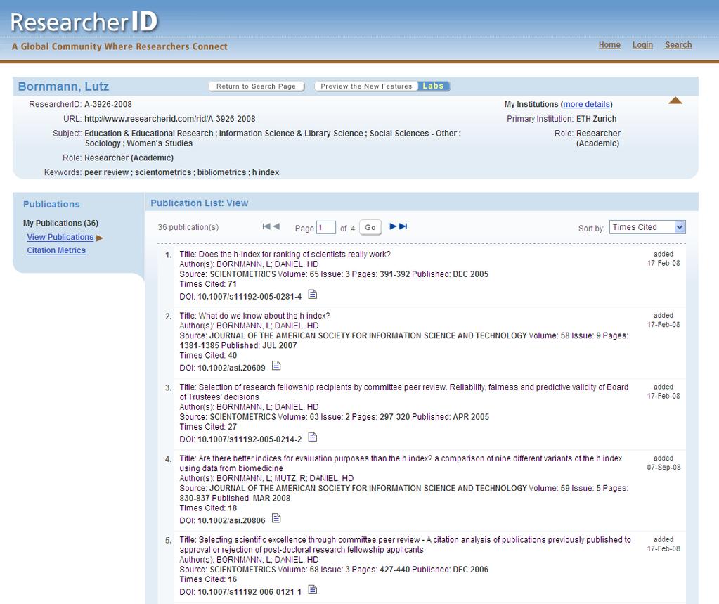 ResearcherID is a freely available website where researchers can register themselves and list their